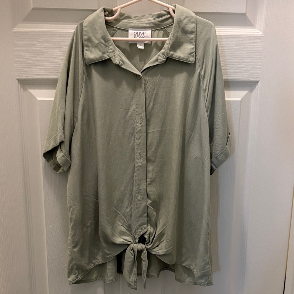 Olive and Oak green rayon button up with front tie